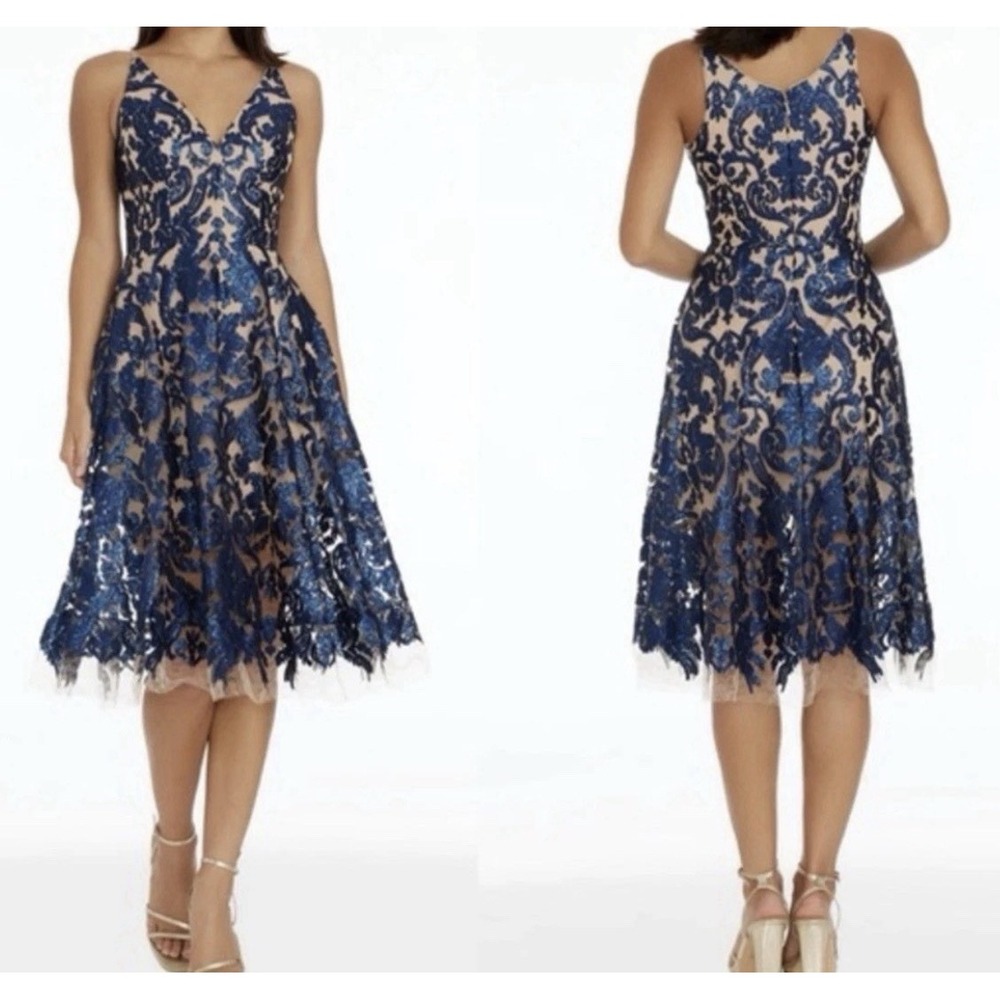 Dress the Population Womens Blair Plunging Fit & Flare Midi Dress Sz M Navy Nude